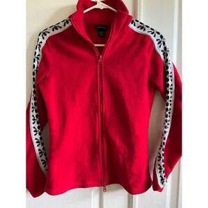 Moda International Vintage Red Full Zip Jacket Snowflake Sleeve Trim- SM